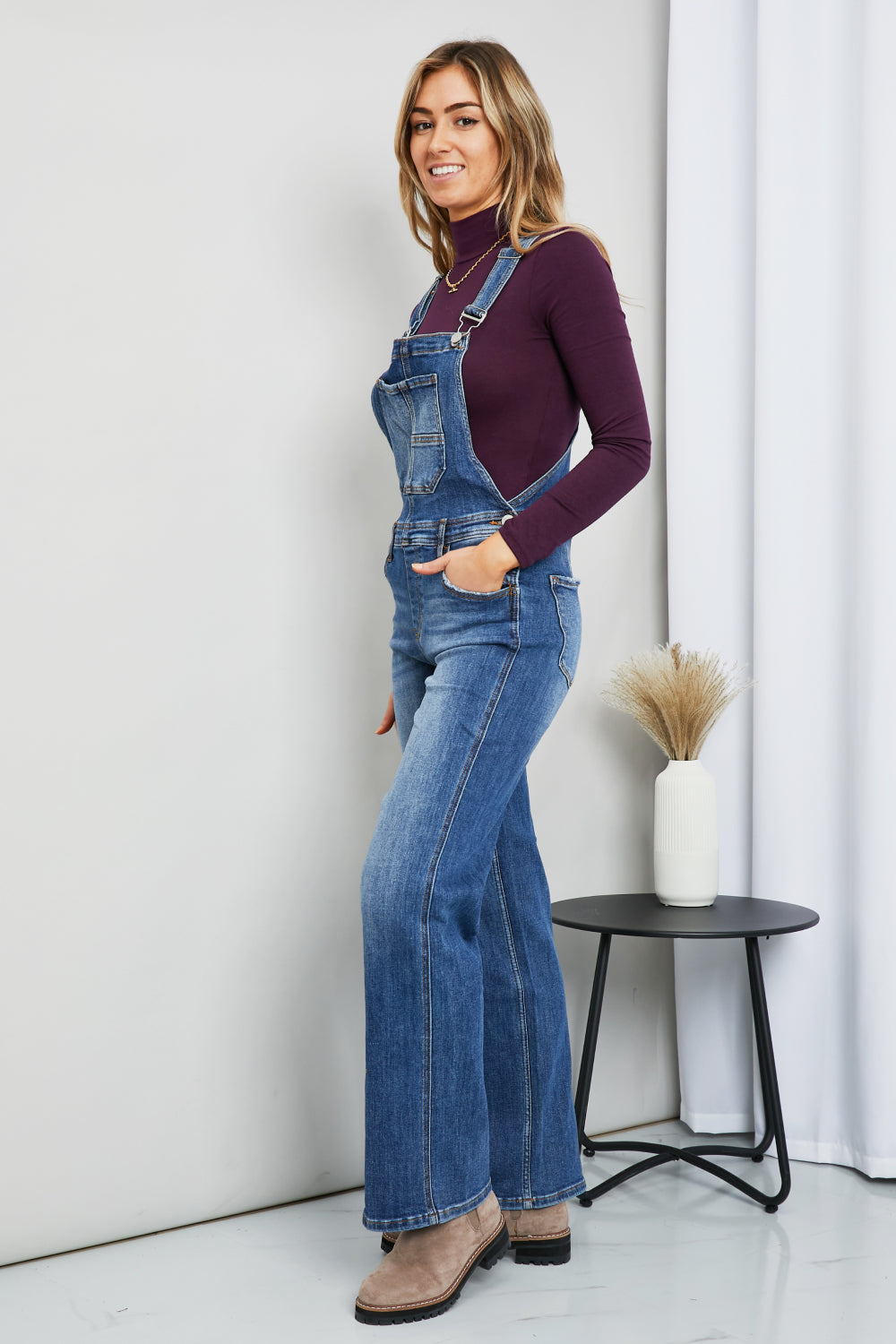 Denim Straight Leg Overalls with Pockets