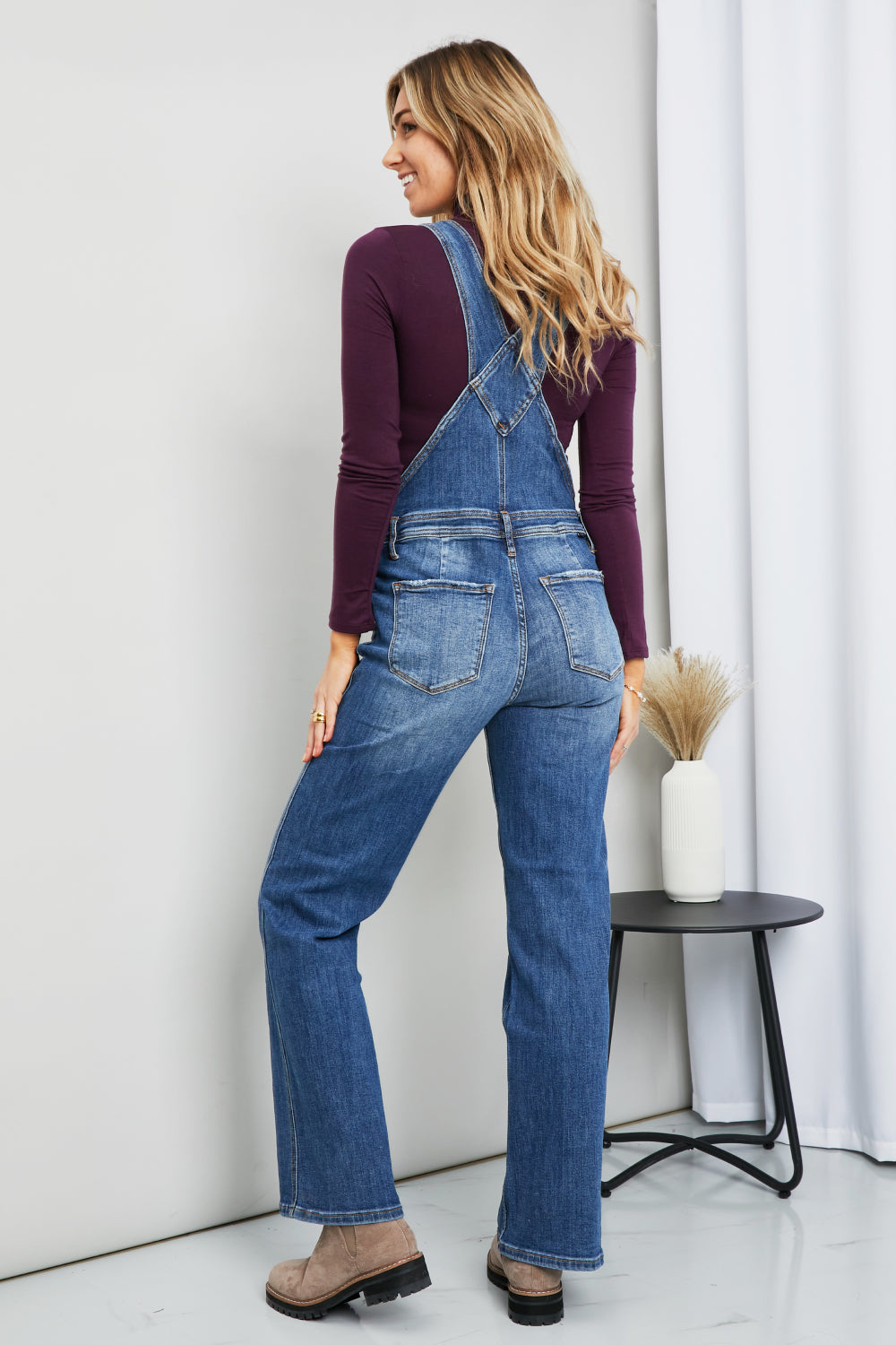 Denim Straight Leg Overalls with Pockets