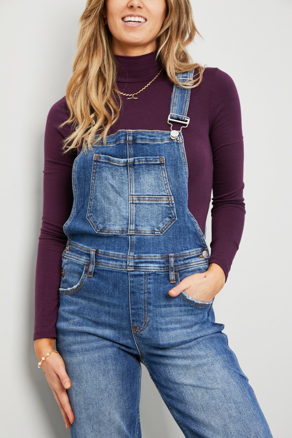 Denim Straight Leg Overalls with Pockets