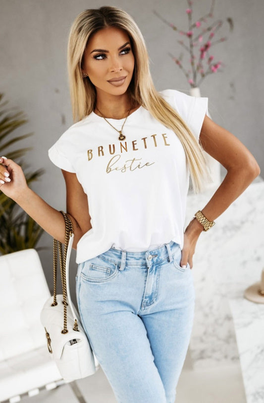 'Brunette Bestie' Metallic Gold Printed T-shirt